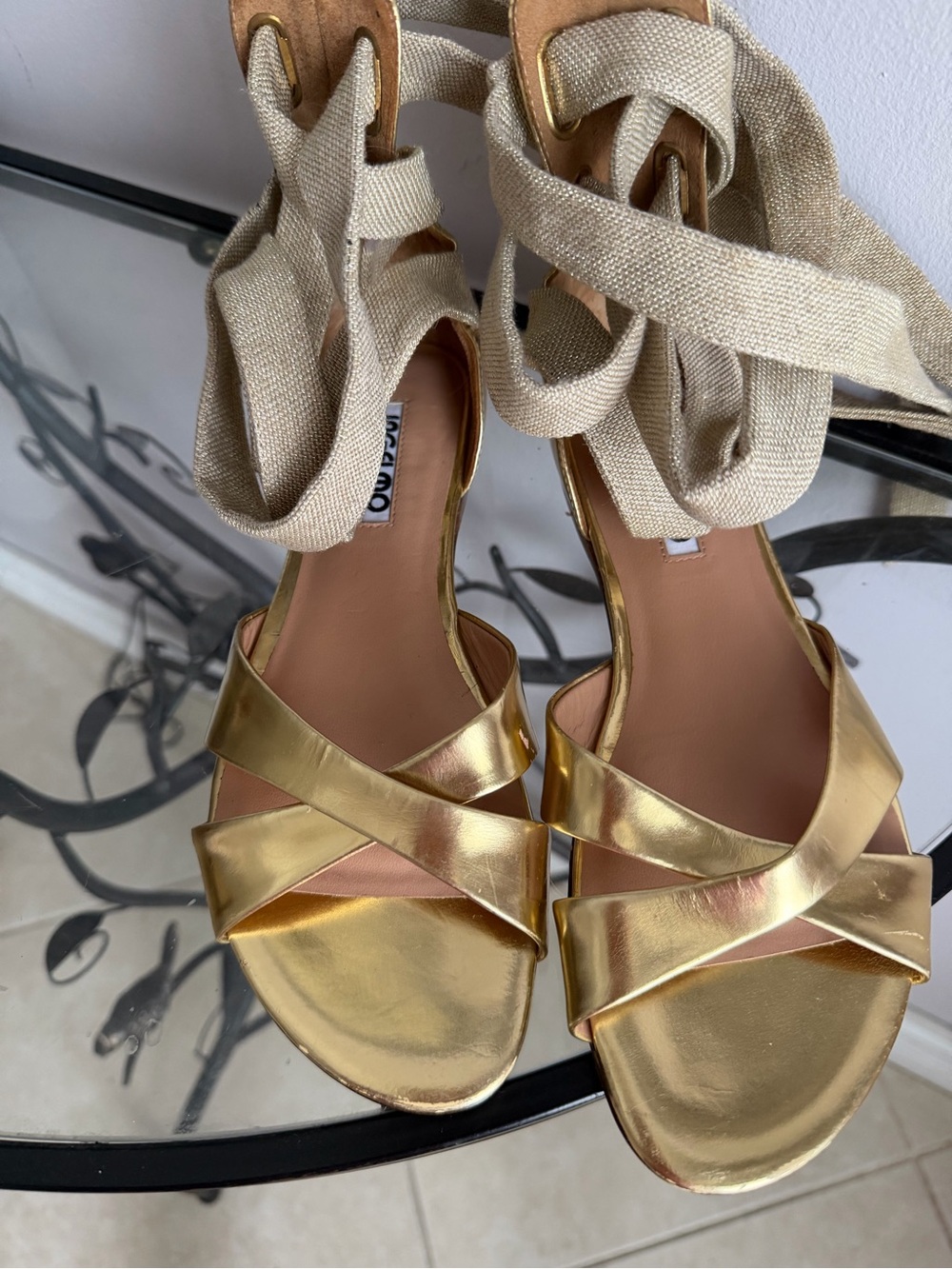 Alejandro Ingelmo “Marina” Women's Metallic Gold Lace-Up Sandals size 37 US 6.5